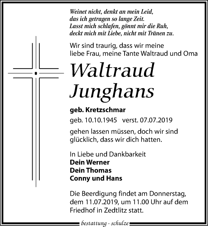  Traueranzeige für Waltraud Junghans vom 10.07.2019 aus Leipziger Volkszeitung