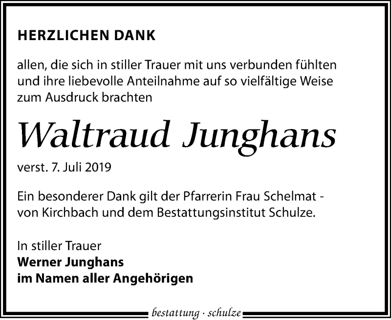  Traueranzeige für Waltraud Junghans vom 20.07.2019 aus Leipziger Volkszeitung