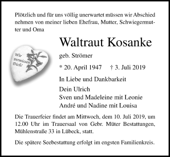 Traueranzeige von Waltraut Kosanke von Lübecker Nachrichten
