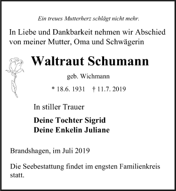 Traueranzeige von Waltraut Schumann von Ostsee-Zeitung GmbH