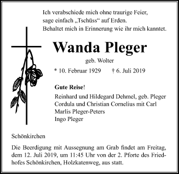Traueranzeige von Wanda Pleger von Kieler Nachrichten