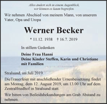 Traueranzeige von Werner Becker von Ostsee-Zeitung GmbH