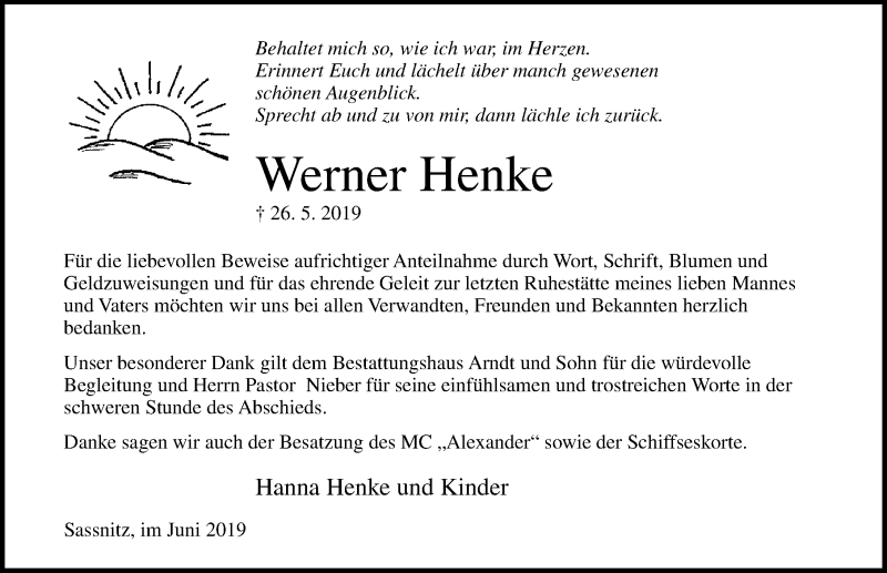  Traueranzeige für Werner Henke vom 29.06.2019 aus Ostsee-Zeitung GmbH