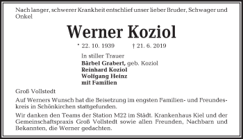 Traueranzeige von Werner Koziol von Kieler Nachrichten