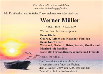 Traueranzeige von Werner Müller von Ostsee-Zeitung GmbH