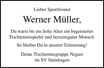 Traueranzeige von Werner Müller von Ostsee-Zeitung GmbH