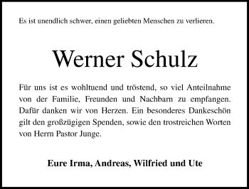 Traueranzeige von Werner Schulz von Lübecker Nachrichten