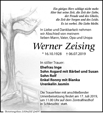 Traueranzeige von Werner Zeising von Leipziger Volkszeitung