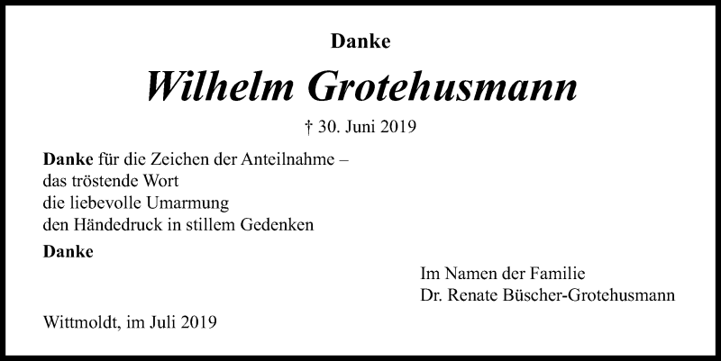 Traueranzeige für Wilhelm Grotehusmann vom 27.07.2019 aus Kieler Nachrichten