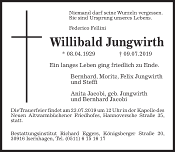 Traueranzeige von Willibald Jungwirth von Hannoversche Allgemeine Zeitung/Neue Presse