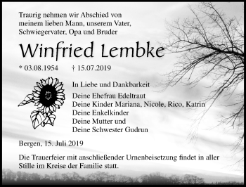 Traueranzeige von Winfried Lembke von Ostsee-Zeitung GmbH