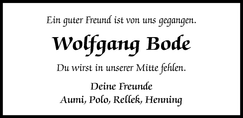 Traueranzeige für Wolfgang Bode vom 06.07.2019 aus Peiner Allgemeine Zeitung