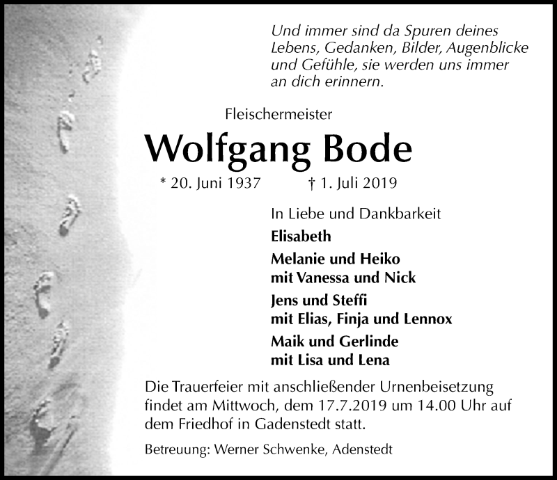  Traueranzeige für Wolfgang Bode vom 06.07.2019 aus Peiner Allgemeine Zeitung