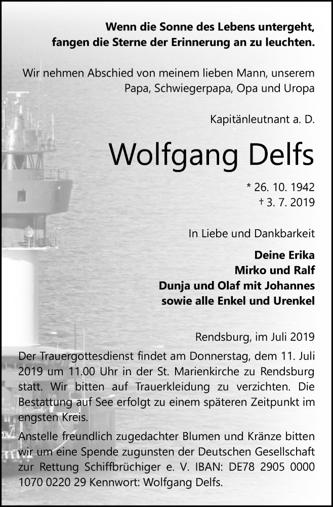  Traueranzeige für Wolfgang Delfs vom 06.07.2019 aus Kieler Nachrichten