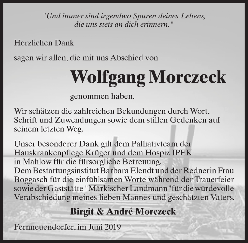  Traueranzeige für Wolfgang Morczeck vom 06.07.2019 aus Märkischen Allgemeine Zeitung
