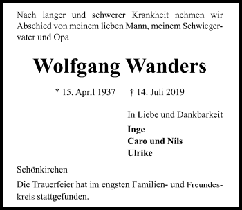 Traueranzeige von Wolfgang Wanders von Kieler Nachrichten