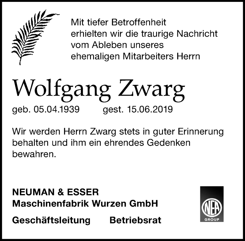  Traueranzeige für Wolfgang Zwarg vom 29.06.2019 aus Leipziger Volkszeitung