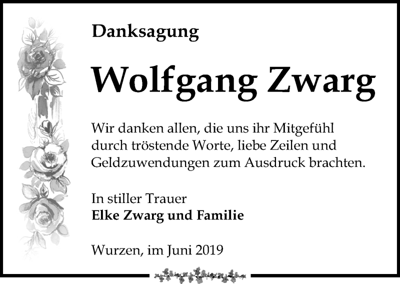  Traueranzeige für Wolfgang Zwarg vom 13.07.2019 aus Leipziger Volkszeitung