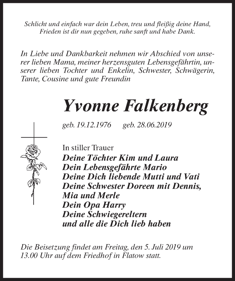  Traueranzeige für Yvonne Falkenberg vom 04.07.2019 aus Märkischen Allgemeine Zeitung