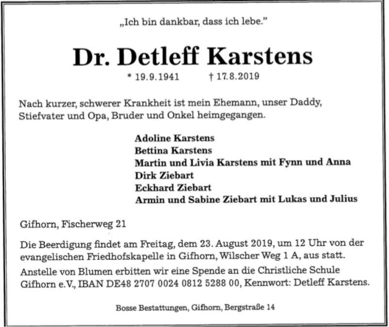  Traueranzeige für Dr. Detleff Karstens vom 22.08.2019 aus Wolfsburger Allgemeine Zeitung