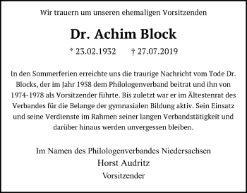 Traueranzeige von Achim Block von Hannoversche Allgemeine Zeitung/Neue Presse