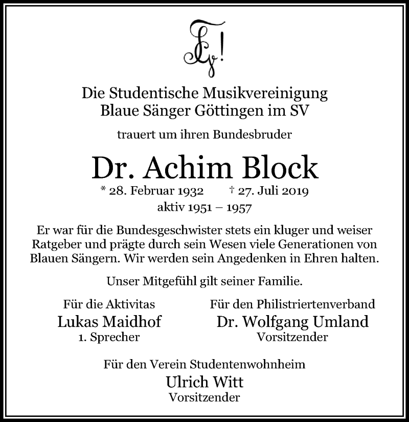  Traueranzeige für Achim Block vom 10.08.2019 aus Göttinger Tageblatt