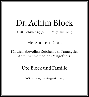 Traueranzeige von Achim Block von Göttinger Tageblatt