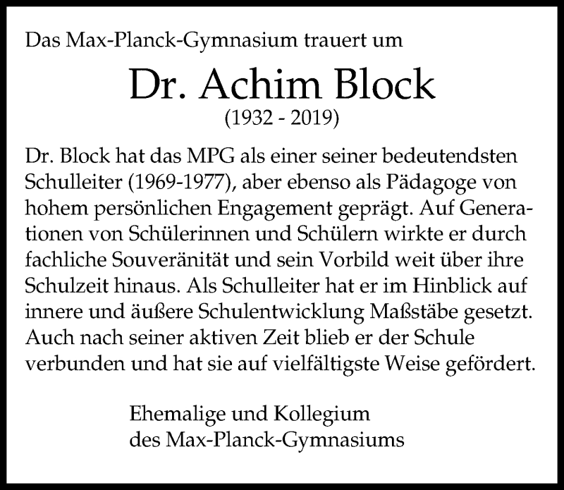  Traueranzeige für Achim Block vom 03.08.2019 aus Göttinger Tageblatt