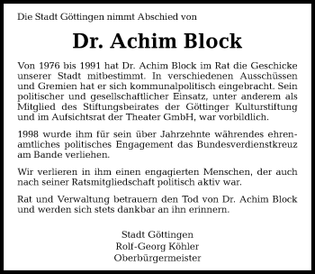 Traueranzeige von Achim Block von Göttinger Tageblatt