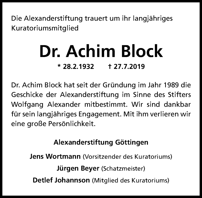  Traueranzeige für Achim Block vom 03.08.2019 aus Göttinger Tageblatt