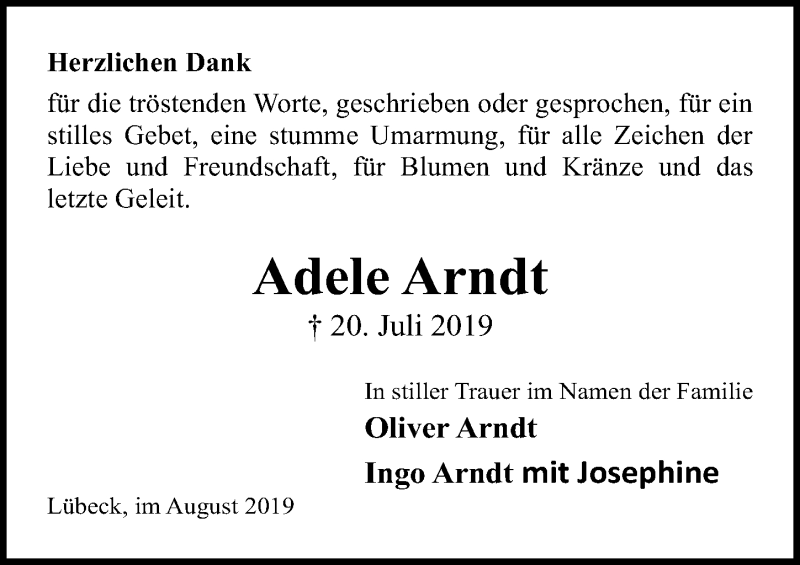  Traueranzeige für Adele Arndt vom 25.08.2019 aus Lübecker Nachrichten