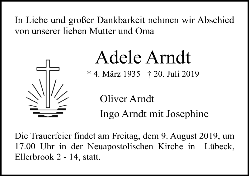  Traueranzeige für Adele Arndt vom 04.08.2019 aus Lübecker Nachrichten