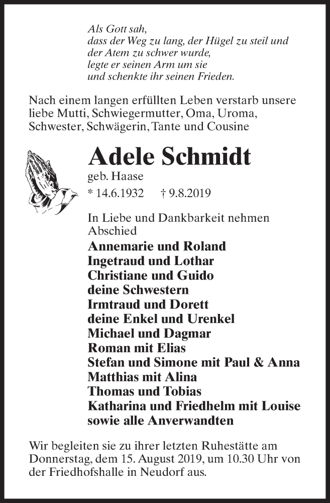  Traueranzeige für Adele Schmidt vom 14.08.2019 aus Märkischen Allgemeine Zeitung