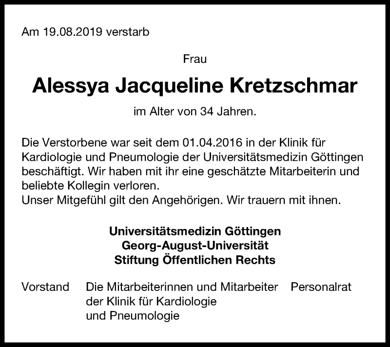  Traueranzeige für Alessya Jacqueline Kretzschmar vom 31.08.2019 aus Göttinger Tageblatt
