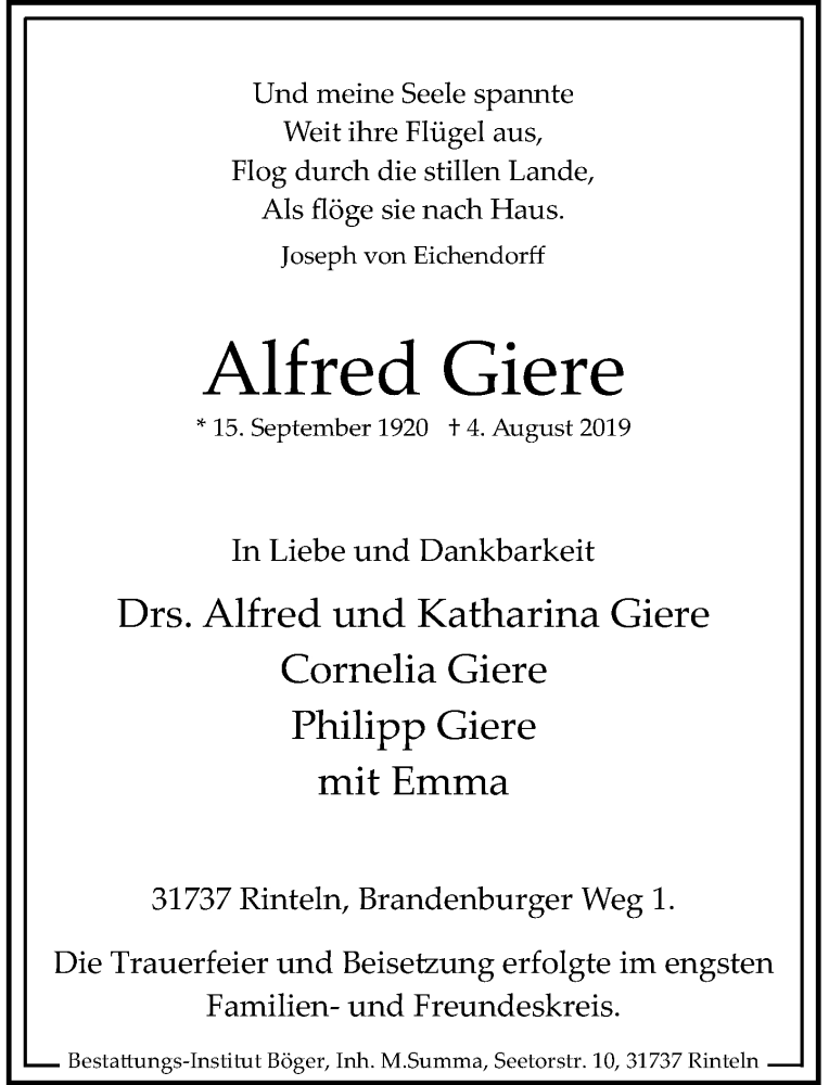  Traueranzeige für Alfred Giere vom 10.08.2019 aus Schaumburger Nachrichten