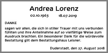 Traueranzeige von Andrea Lorenz von Eichsfelder Tageblatt