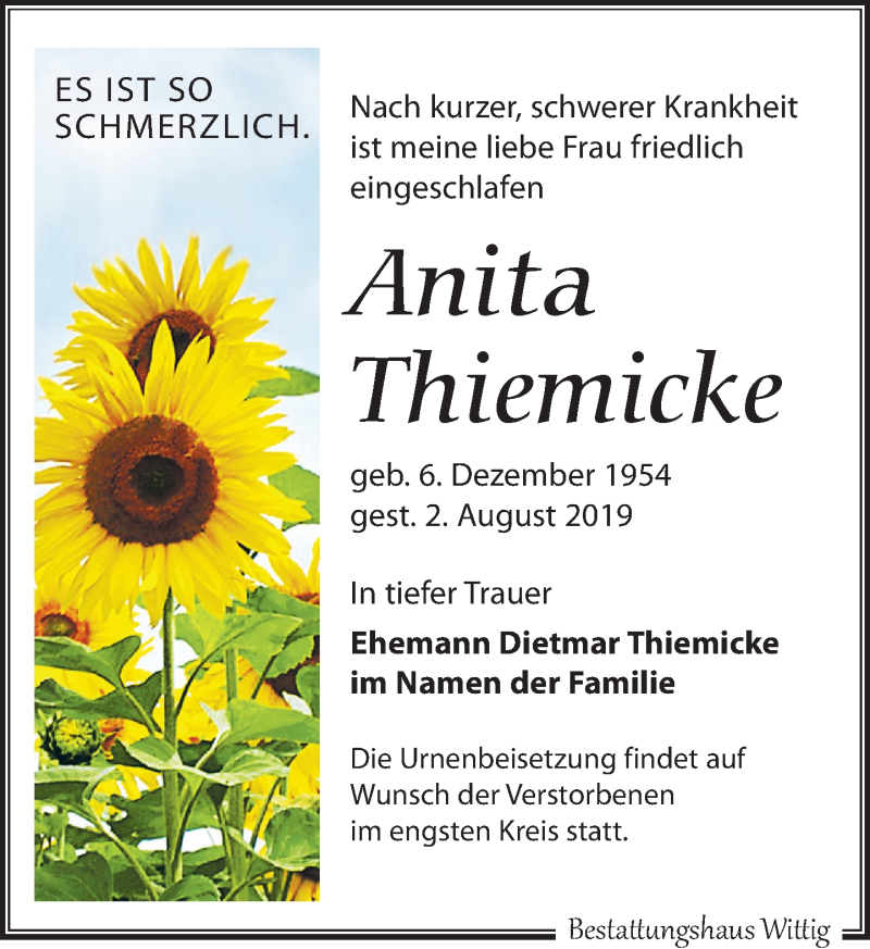  Traueranzeige für Anita Thiemicke vom 17.08.2019 aus Leipziger Volkszeitung