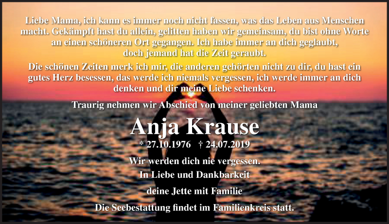  Traueranzeige für Anja Krause vom 03.08.2019 aus Ostsee-Zeitung GmbH