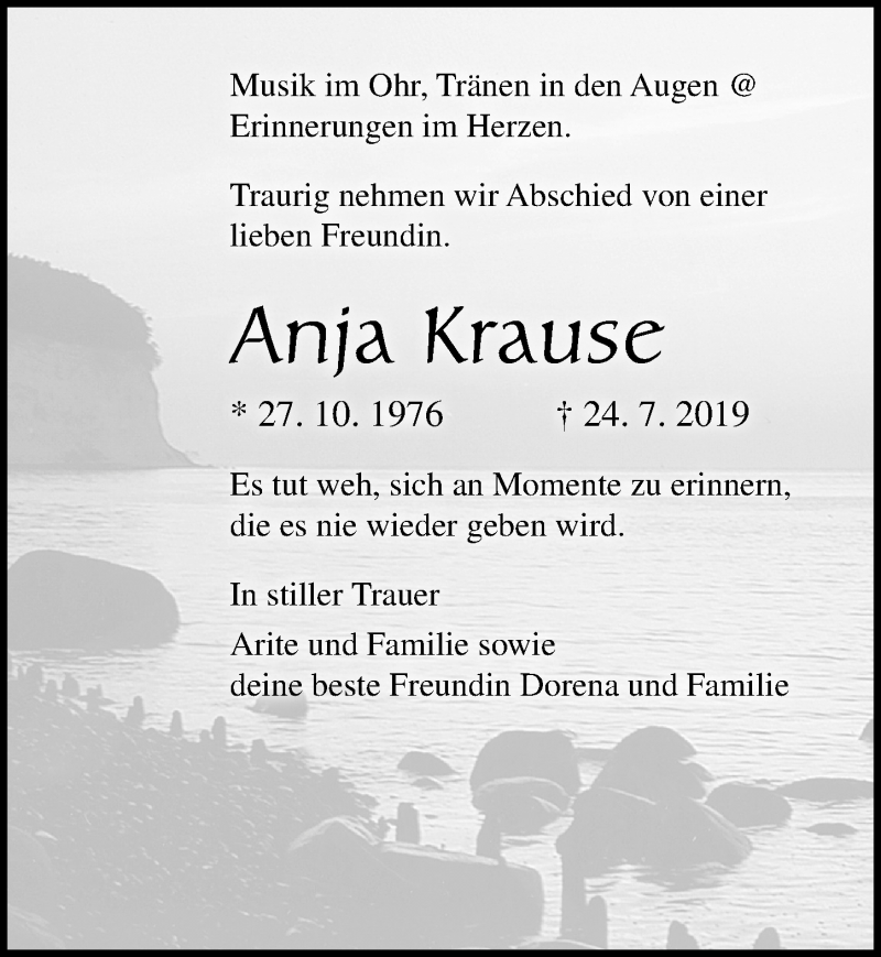  Traueranzeige für Anja Krause vom 03.08.2019 aus Ostsee-Zeitung GmbH