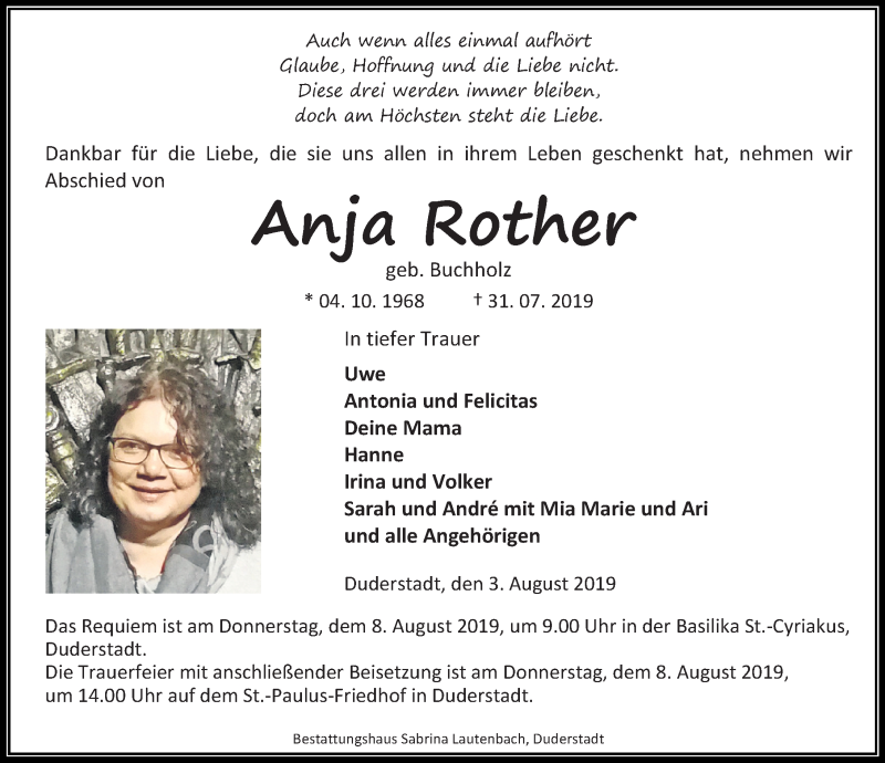  Traueranzeige für Anja Rother vom 03.08.2019 aus Göttinger Tageblatt