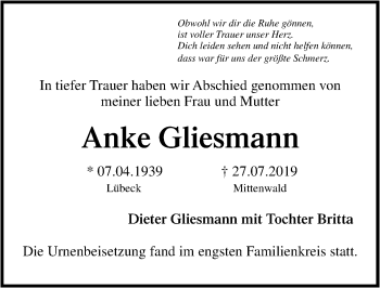 Traueranzeige von Anke Gliesmann von Lübecker Nachrichten