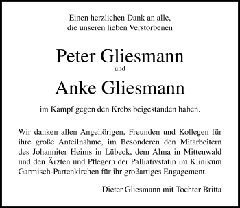 Traueranzeige von Anke Gliesmann von Lübecker Nachrichten