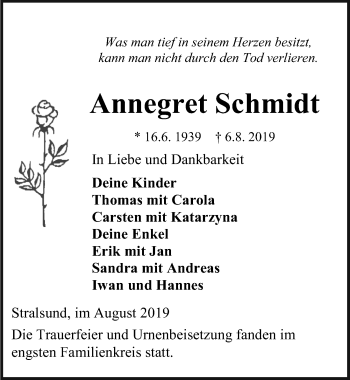 Traueranzeige von Annegret Schmidt von Ostsee-Zeitung GmbH