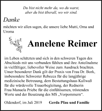 Traueranzeige von Annelene Reimer von Ostsee-Zeitung GmbH
