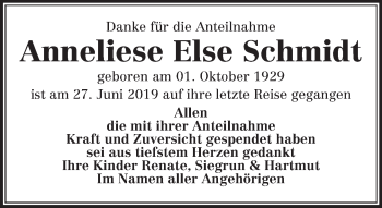 Traueranzeige von Anneliese Else Schmidt von Leipziger Volkszeitung