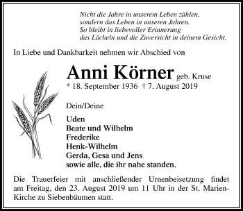 Traueranzeige von Anni Körner von Lübecker Nachrichten
