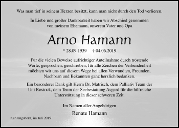 Traueranzeige von Arno Hamann von Ostsee-Zeitung GmbH