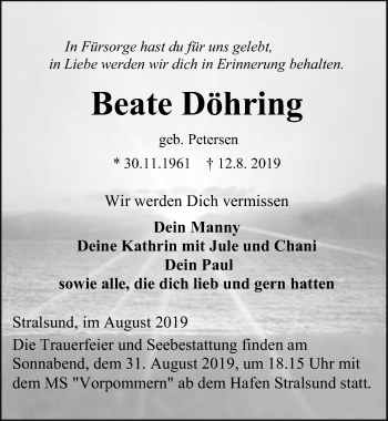 Traueranzeige von Beate Döhring von Ostsee-Zeitung GmbH