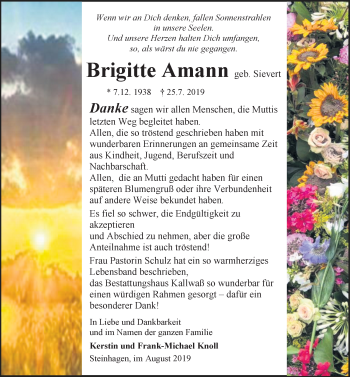 Traueranzeige von Brigitte Amann von Ostsee-Zeitung GmbH