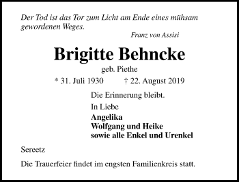 Traueranzeige von Brigitte Behncke von Lübecker Nachrichten
